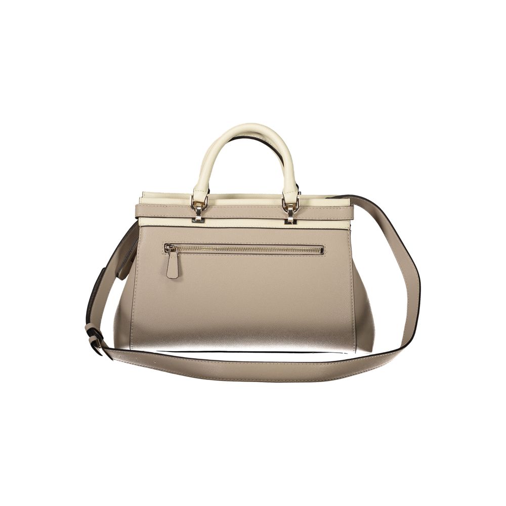 Guess Jeans Beige Polyethylene Handbag with adjustable strap, zip closure, external pocket, and protective feet for versatile use.