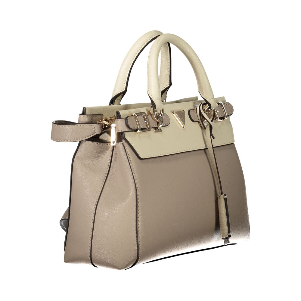 Guess Jeans Beige Polyethylene Handbag with adjustable strap, two handles, compartments, and logo. Stylish eco-friendly fashion accessory.