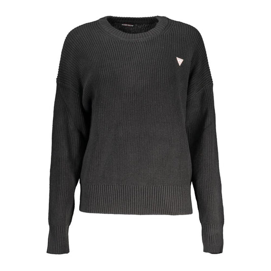 Guess Jeans Black Cotton Sweater with long sleeves, crew neck, embroidery, and logo displayed on front.