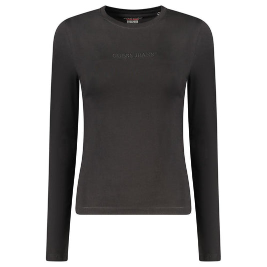 Alt Tag: Guess Jeans Black Cotton Tops & T-Shirt long sleeve, crew neck with logo embroidery, organic cotton material.