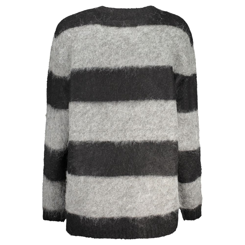 Guess Jeans Black Polyester Sweater with striped long sleeves, crew neck, and logo design on the back, made from polyester.