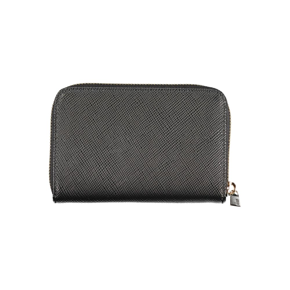 Guess Jeans Black Polyethylene Wallet with zipper closure, two compartments, coin purse, and double card spaces.