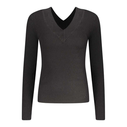 Guess Jeans Black Viscose Sweater with V-neck and contrasting details.