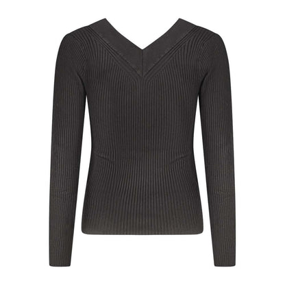 Guess Jeans Black Viscose Sweater with long sleeves, V-neck, contrasting details, and logo.