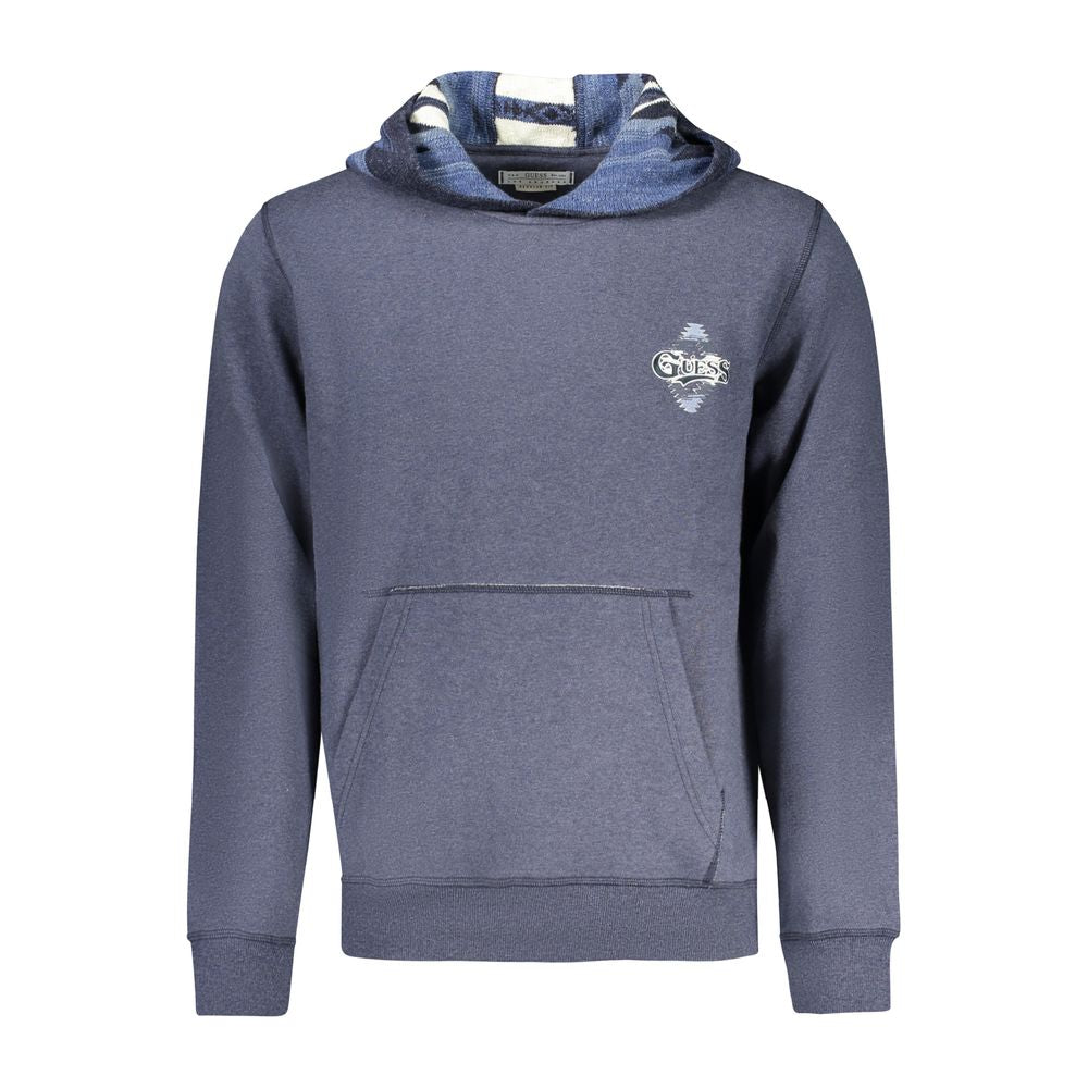Guess Jeans Blue Cotton Men Sweater with hood and logo, showcasing casual style and central pocket detailing.