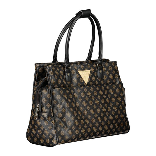 Guess Jeans Brown Polyethylene Handbag with multiple compartments and external pocket, designed for travel with protective feet and contrast details.