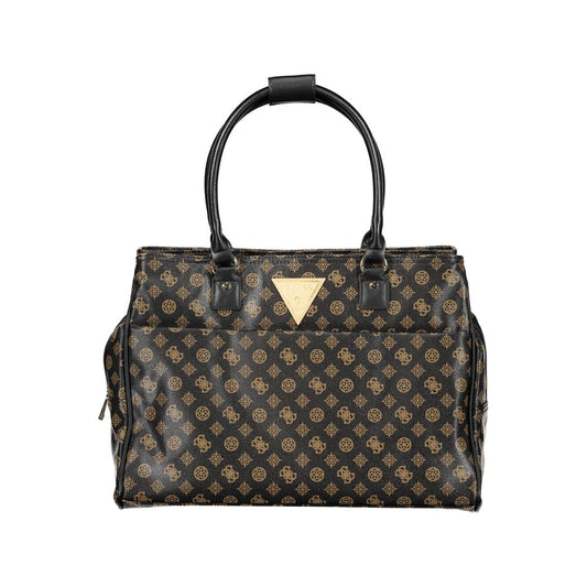 Guess Jeans Brown Polyethylene Handbag with two shoulder handles, external pocket, and zip closure, featuring protective feet and logo.