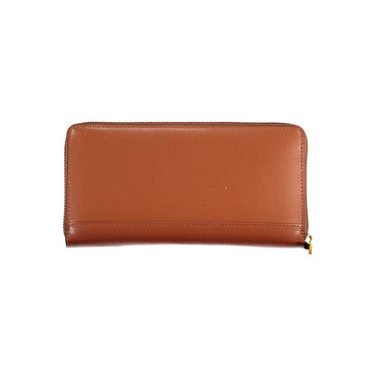 Guess Jeans Elegant Laurel Triple-Compartment Wallet in brown leather with zip closure, showcasing style and functionality.
