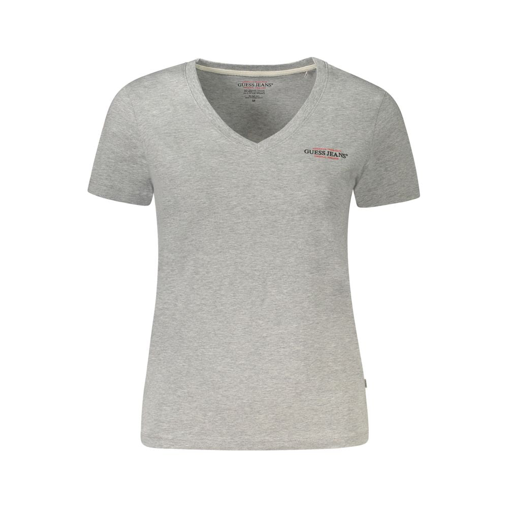 Guess Jeans Gray Cotton Women Top with V-neck and iconic logo.