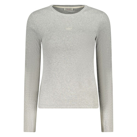 Guess Jeans Gray Cotton Women's T-Shirt with long sleeves and wide neckline detail.