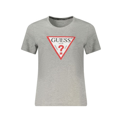 Guess Jeans Gray Organic Cotton Women Top with logo, crew neck, short sleeves. Stylish and eco-friendly fashion. Perfect for casual wear.