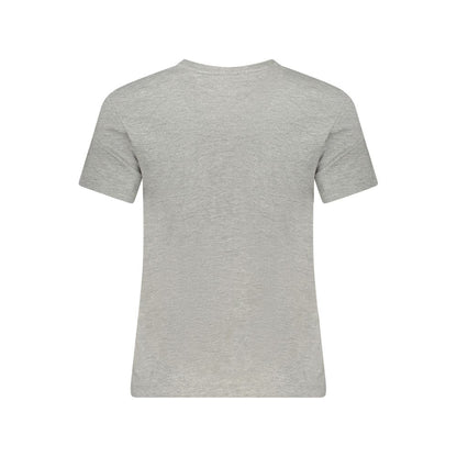 Back view of Guess Jeans Gray Organic Cotton Women Top featuring short sleeves and a crew neck, highlighting eco-friendly casual fashion.
