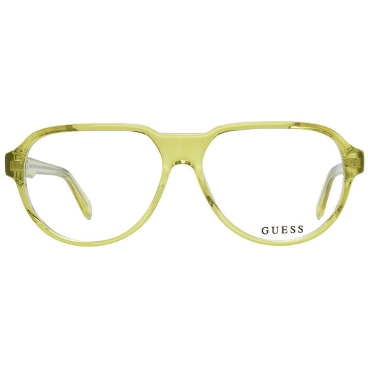 Guess Yellow Men Glasses Frame in aviator style with full-rim yellow plastic frame and demo lenses. Includes branded case and spring hinge.