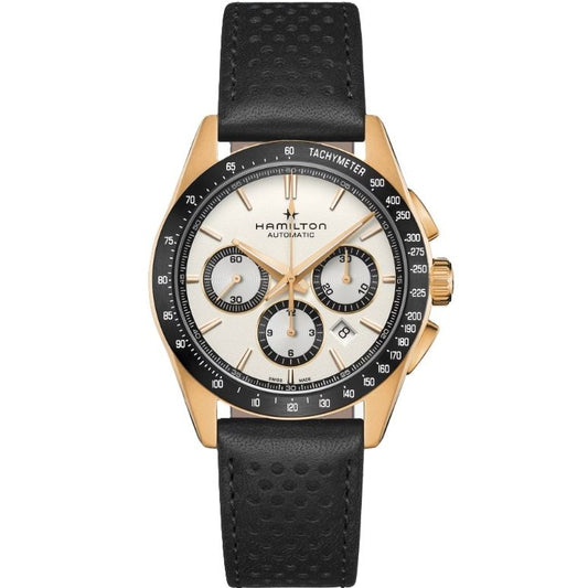 HAMILTON Mod. JAZZMASTER PERFORMER AUTO CHRONO wristwatch with 42mm gold case, leather strap, chronograph and date, Swiss made.