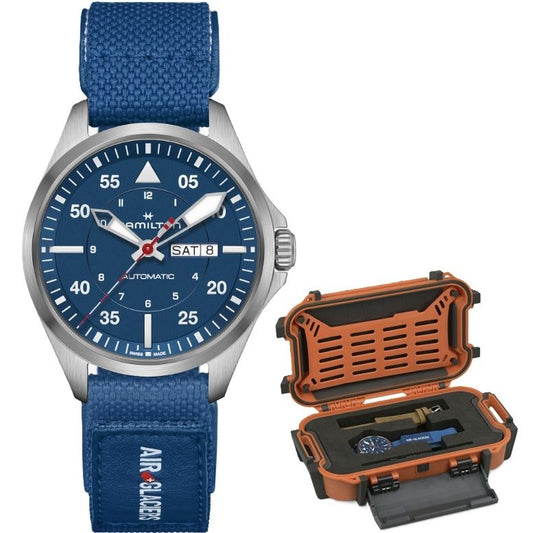 HAMILTON Mod. KHAKI AVIATION PILOT DAY DATE AUTO - AIR-GLACIERS Special Edition wristwatch with blue strap and special packaging.