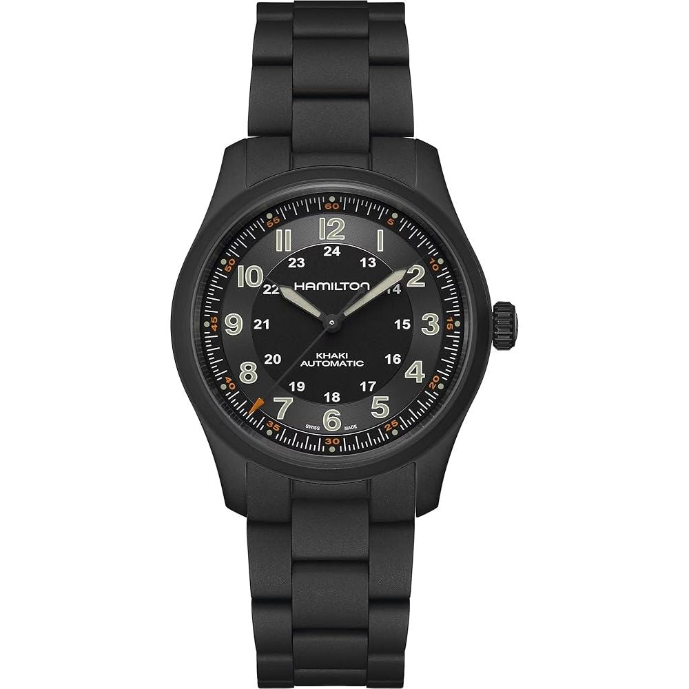 HAMILTON Mod. KHAKI FIELD TITANIUM AUTO wristwatch with 38mm titanium case and sapphire dial, featuring mechanical automatic movement, black bracelet.