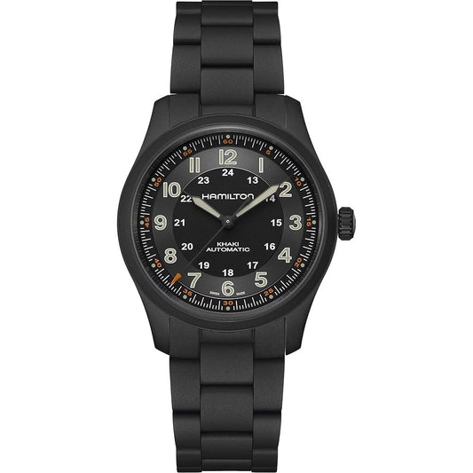 HAMILTON Mod. KHAKI FIELD TITANIUM AUTO wristwatch with 38mm titanium case and sapphire dial, featuring mechanical automatic movement, black bracelet.