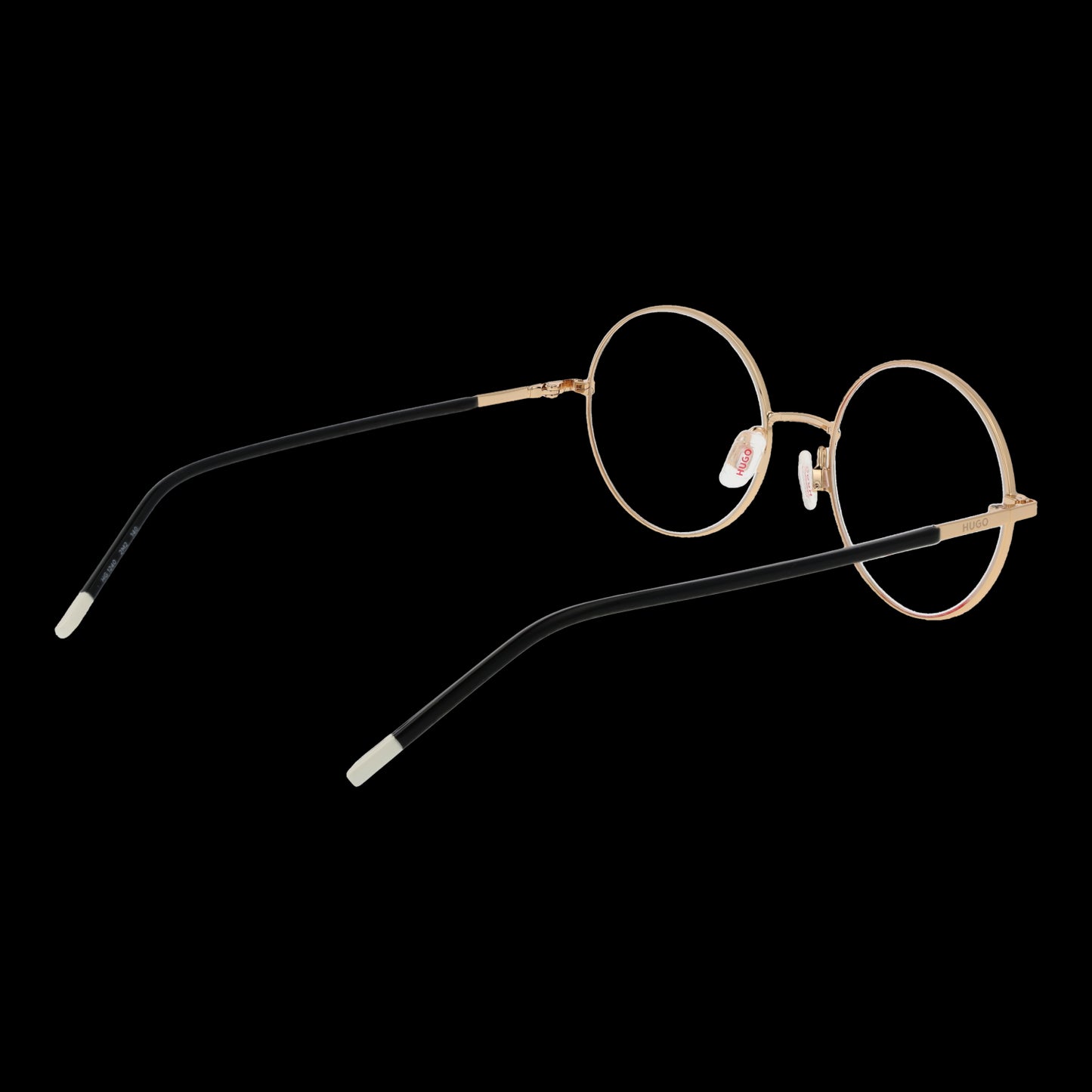 Lady's eyeglasses model HUGO MOD. HG 1240 512M2 with round gold frames and black temples, side view.