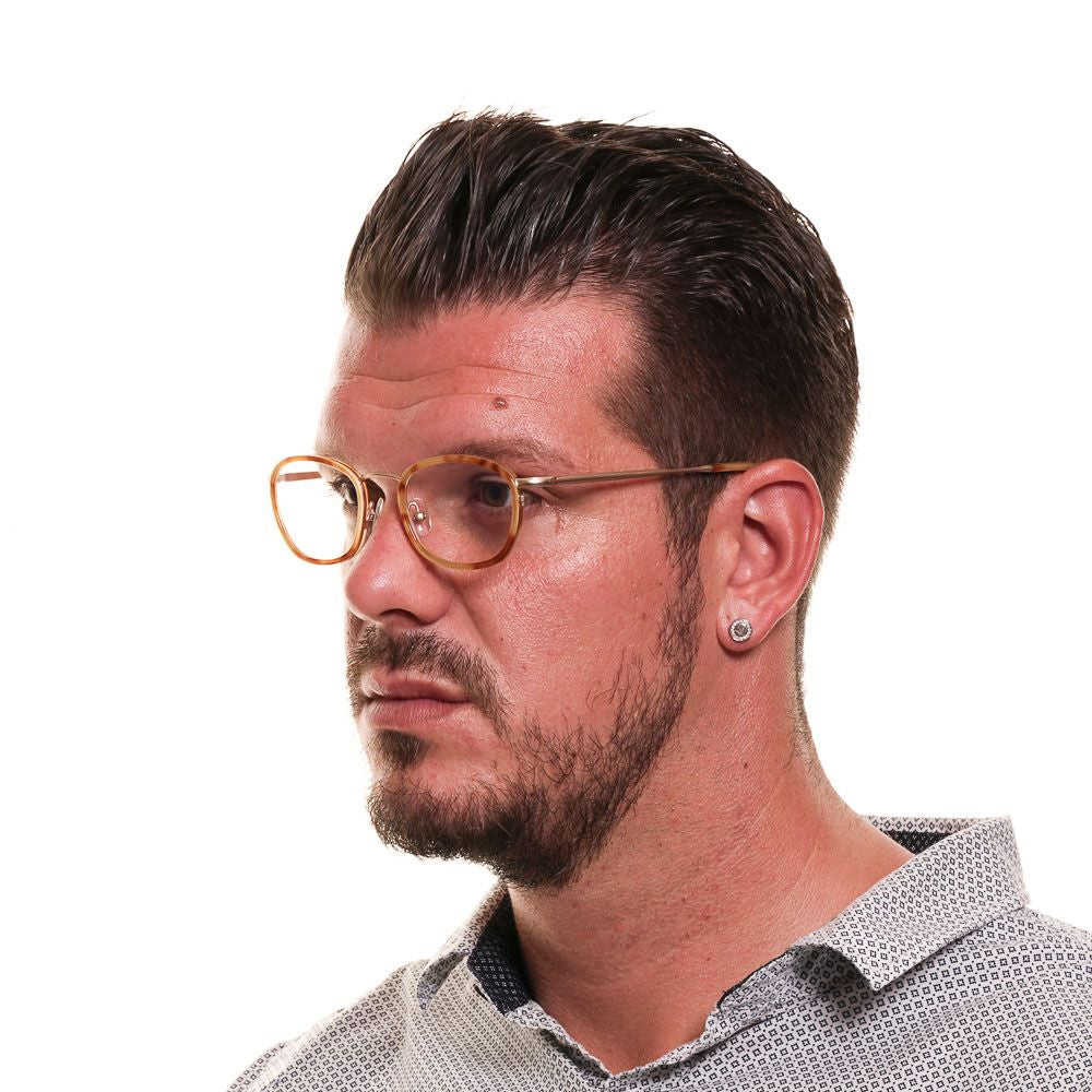 Man wearing Hackett Brown Men Optical Frames with full-rim brown plastic frame, shown in side profile.