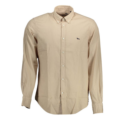 Harmont & Blaine Beige Cotton Men Shirt, long sleeve, button-down collar, elegant design featuring contrast inner cuffs.