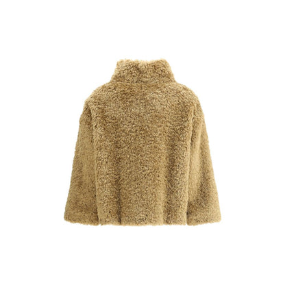 Herno Beige Polyester Coat with eco-friendly fur, high collar, and adjustable leather buckle, front view of sustainable luxury garment.