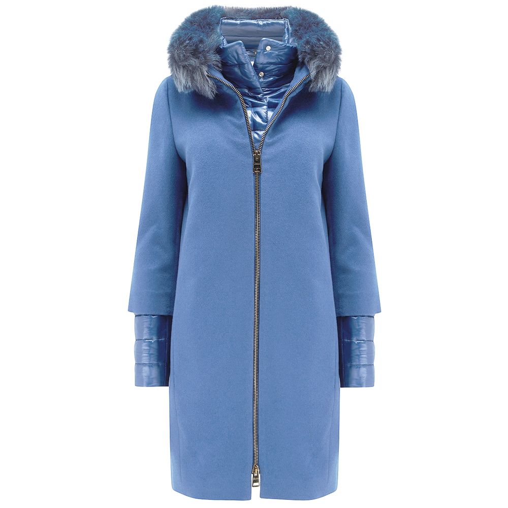 Herno Blue Cashmere Women Coat with fox fur collar and removable inner nylon vest, showcasing Italian luxury and elegant zip closure.