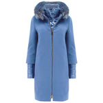 Herno Blue Cashmere Women Coat with fox fur collar and removable inner nylon vest, showcasing Italian luxury and elegant zip closure.