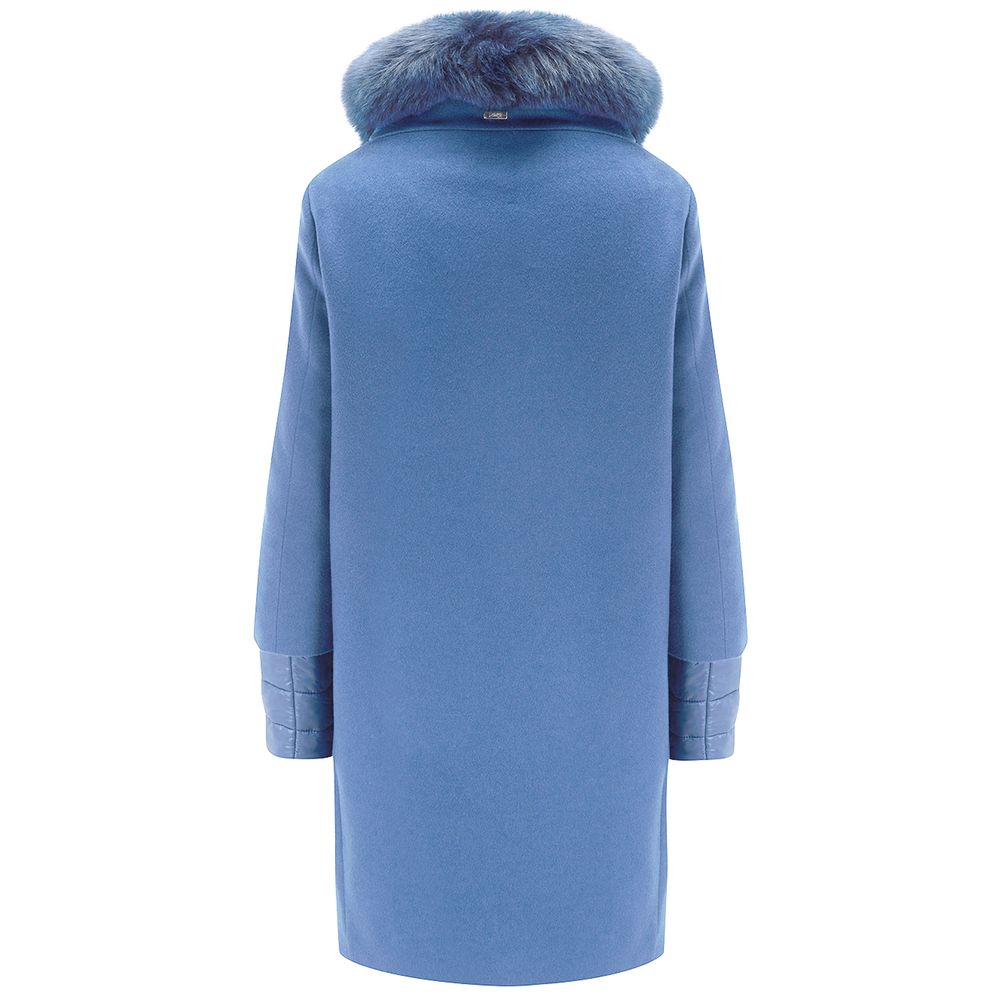 Herno Blue Cashmere Women Coat with fox fur collar, back view