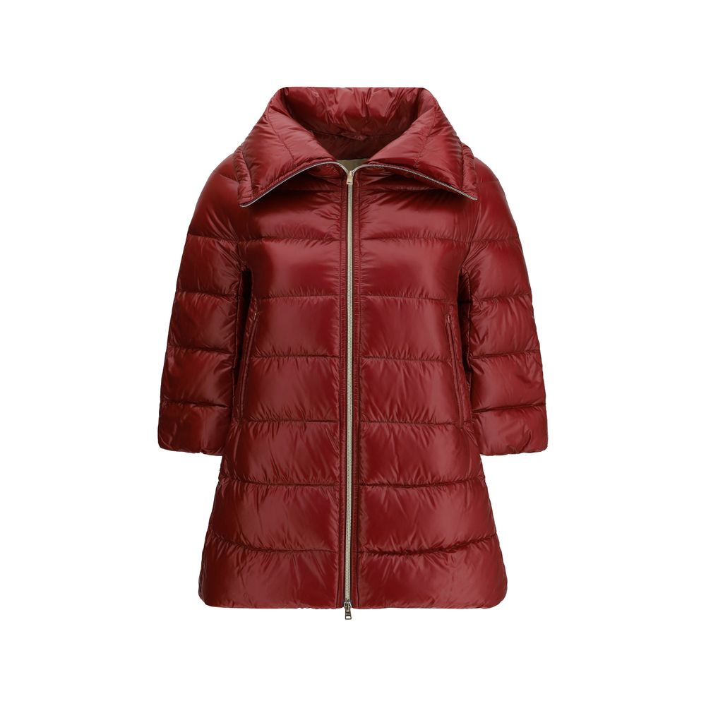 Herno Bordeaux Polyester Coat - midi down jacket with high collar, double-slider zipper, and three-quarter length sleeves.