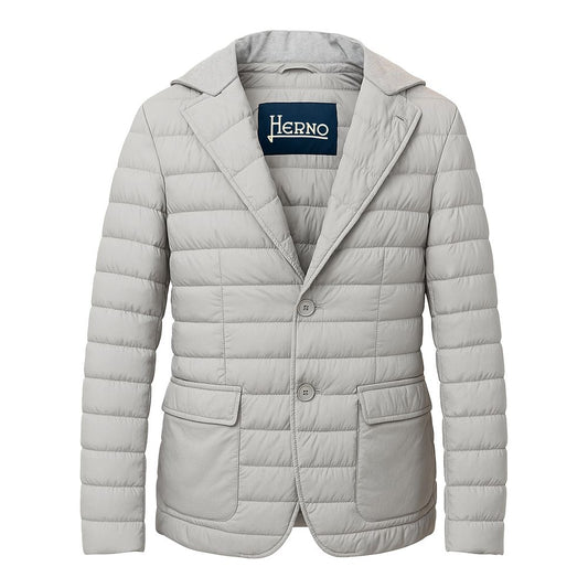 Herno Gray Polyamide Men Jacket with rever and detachable hood, quilted design, and front pockets