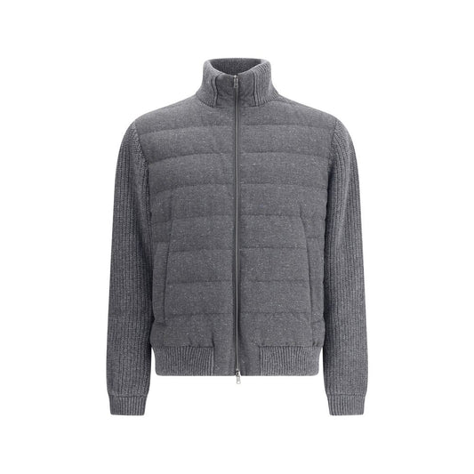 Herno Gray Wool Bomber with mélange pattern, high collar, double-slider zipper, and ribbed accents for a refined casual look.