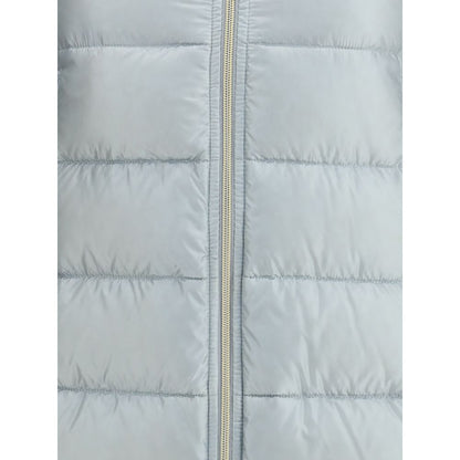 Herno Light Blue Polyester Coat with double-slider zipper detail, highlighting contemporary style and functionality.