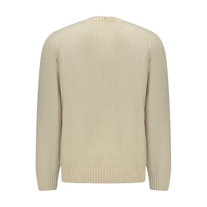 Back view of Hugo Boss Beige Cotton Sweater, long sleeve chenille crew neck with logo.