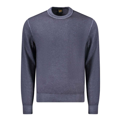 Hugo Boss Blue Wool Sweater, long sleeved, crew neck, with embroidery logo, stylish and elegant design for men's fashion