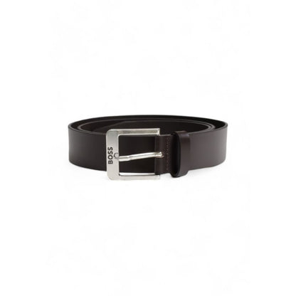 Hugo Boss Brown Leather Regular Belt with engraved metal buckle, men's fashion accessory for formal and casual outfits.