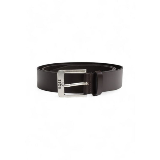 Hugo Boss Brown Leather Regular Belt with engraved metal buckle, men's fashion accessory for formal and casual outfits.