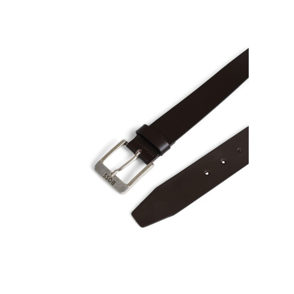 Hugo Boss Brown Leather Regular Belt with polished metal buckle engraved with logo, perfect for both formal and casual outfits.