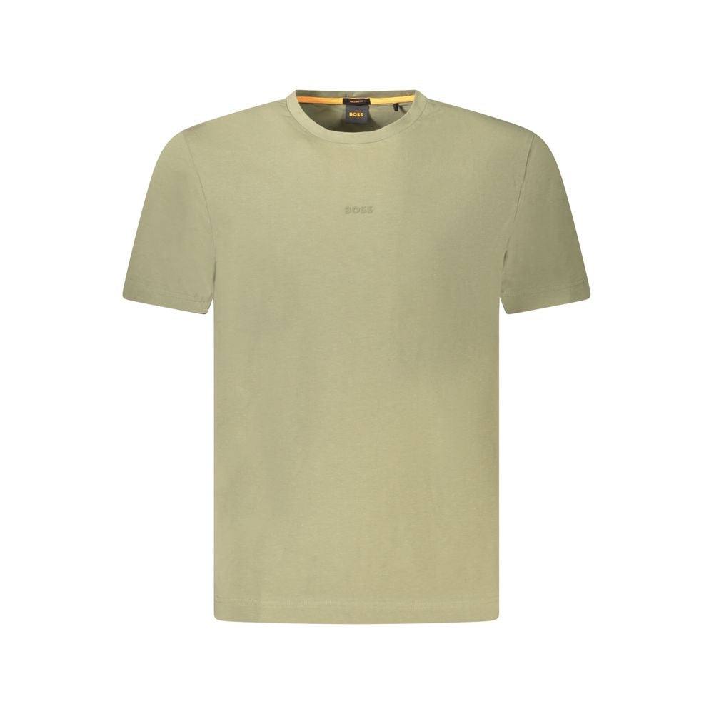 Hugo Boss Green Cotton Men TShirt with crew neck and logo, crafted from organic cotton blend for comfort and style.