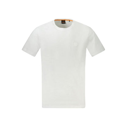 Hugo Boss White Cotton Men T-Shirt with crew neck and logo embroidery, elegant and comfortable fashion statement.