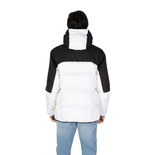 Back view of Hugo Boss White Recycled Polyester Jackets & Coat with black details and hood.
