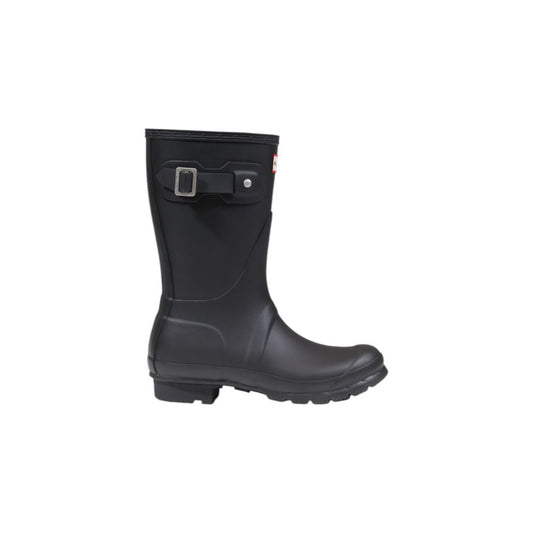 Hunter Black Recycled Polyester Ankle boots with adjustable buckle, waterproof for urban style, made from natural rubber and recycled materials.