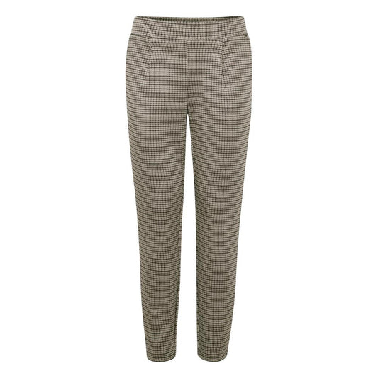 ICHI Beige Polyester Casual Pants for women, featuring a check pattern, tapered cut, and side pockets for refined, versatile style.