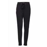 ICHI Black Polyester Pant with elastic waistband and adjustable drawstring, featuring slim fit and front pleats for modern style.