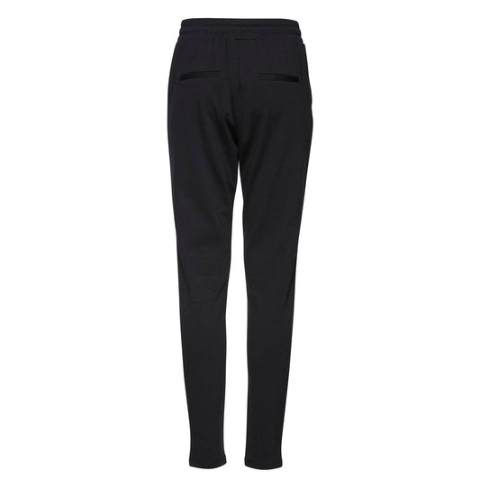 ICHI Black Polyester Pant, back view of women's cigarette trousers with elastic waistband and slim fit design.
