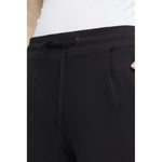 Close-up of ICHI Black Polyester Pant showing elastic waistband with drawstring for women.