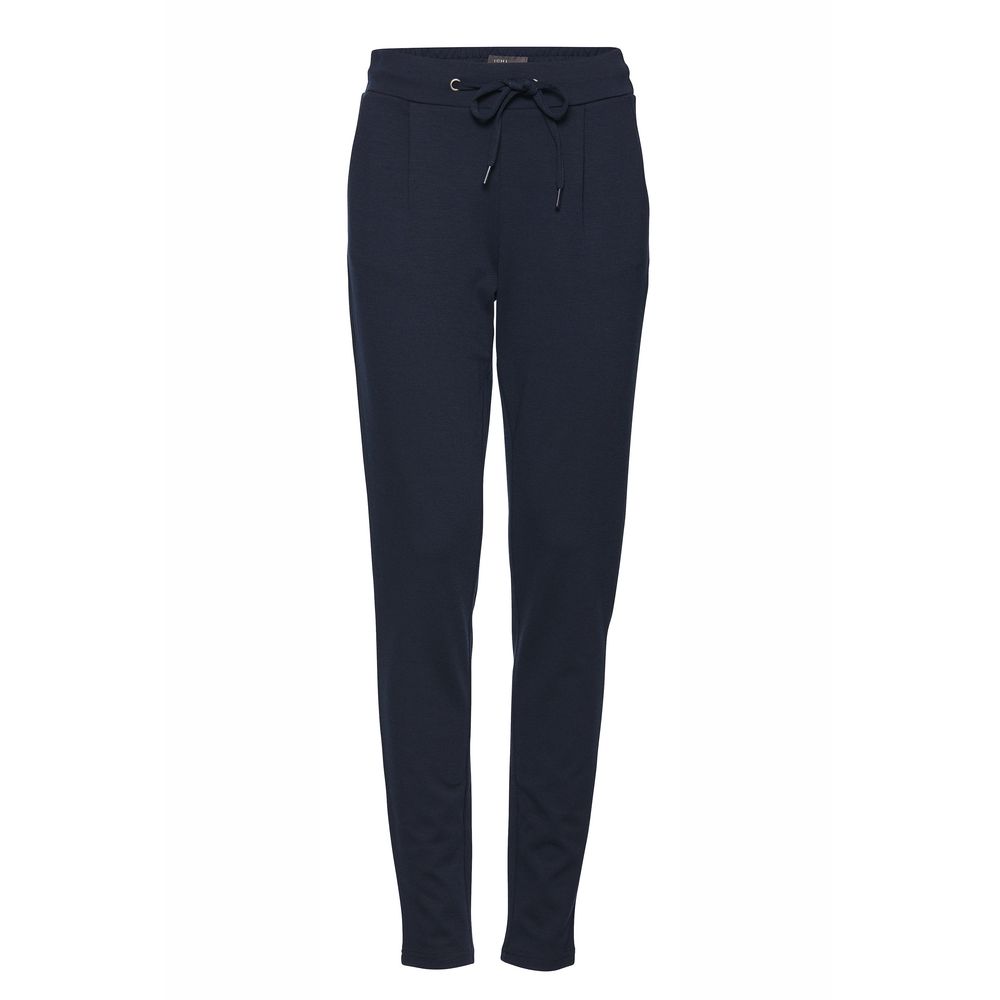 ICHI Blue Polyester Pant for women with slim fit, mid-rise elastic waistband, and front pleats.