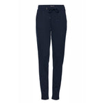 ICHI Blue Polyester Pant for women with slim fit, mid-rise elastic waistband, and front pleats.