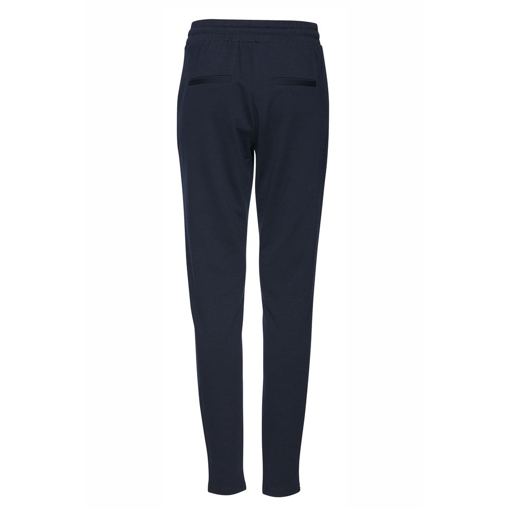Back view of ICHI Blue Polyester Pant with elastic waistband and slim fit design.