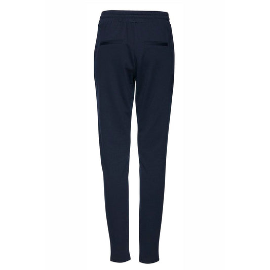 Back view of ICHI Blue Polyester Pant with elastic waistband and slim fit design.