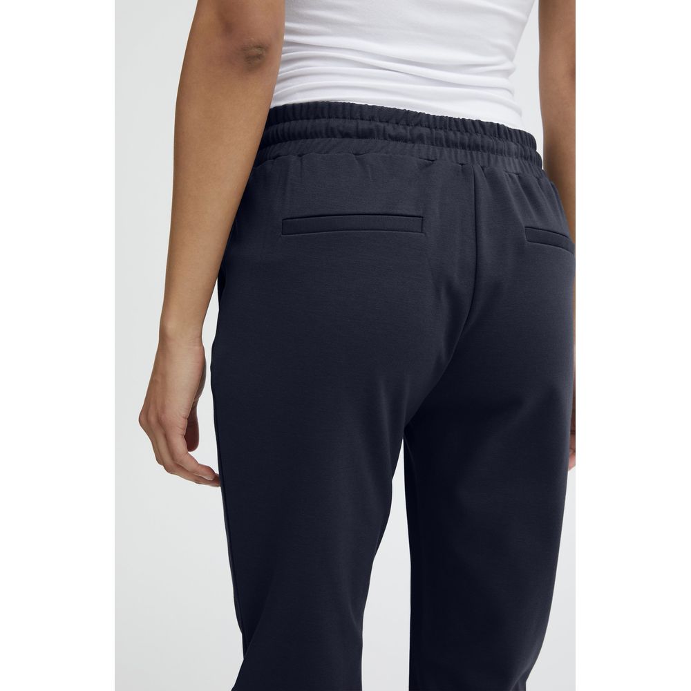 Back view of ICHI Blue Polyester Pant with elastic waistband and sleek pocket design.